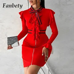 Casual Dresses Elegant Commuter Slim Knit Dress Office Ladies Striped Contrasting Zipper Fashion Lace-Up Bow Collar Splicing