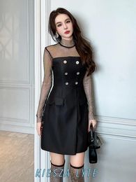 Casual Dresses 2024 Spring Korean Style A-line Bodycon Dress French Party Birthday Diamond Mesh Sexy For Women Y2k Mini