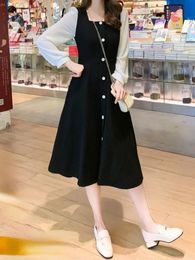 QWEEK Korean Style Black Dress Women Vintage Square Collar Long Sleeve Midi Dresses Kpop Fashion Autumn Robes Female 240117