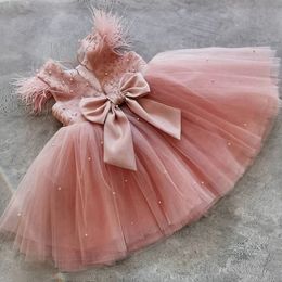 Dusty Rose Flower Girl Dresses Feather Tiered Tulle Lace Princess Flowergirl Dresses Ball Gowns Little Toddler Birthday Party Gown Daughter and Mother Dress CF029