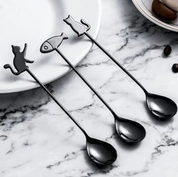 Ice Cream Spoon 304 Stainless Steel Coffee Stirring Scoop Cute Cat Fish Decor Long Handle Scoops Water Drop Shape Creative New 524QH