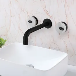 Bathroom Sink Faucets Luxury Top Quality Brass Faucet Black White Basin Mixer 2 Handle 3 Hole Wall Mounted Tap Free Ship