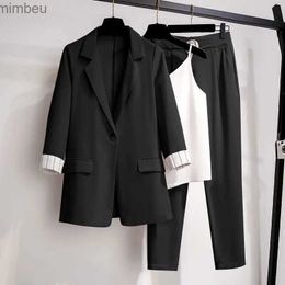 Women's Suits Blazers Women's Spring Autumn Thin Three-quarter Sleeve Suit Jacket White Suspender Pants Three-piece Korean Elegant Blazers Trouser SetL240118