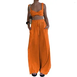 Women's Two Piece Pants Douhoow Women's Cotton And Linen Summer 2PCS Outfit Sets Solid Color Camisole Drawstring Wide Leg Matching 2024