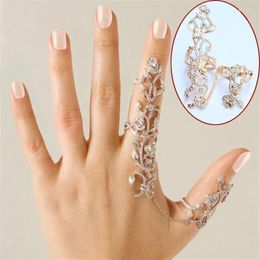 Cluster Rings Chain Link Ring Full Rhinestone Vintage Flower Double Finger For Women Girl Party Jewellery Gift Accessories