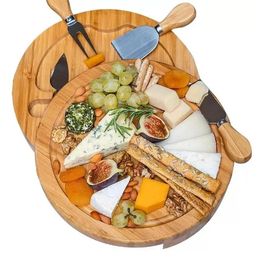 Bamboo Kitchen Tools Cheese Board and Knife Set Round Charcuterie Boards Swivel Meat Platter Holiday Housewarming Gift Wholesale 522QH