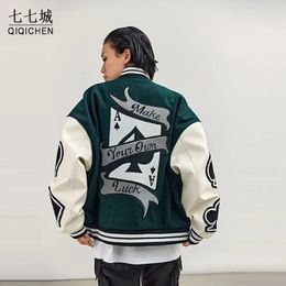 Playing Card Embroidery Varsity Jacket Men Spring Autumn Hip Hop Streetwear College Baseball Jackets Harajuku Bomber Coat Unisex 240117