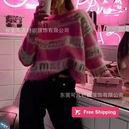 Designer Women's Sweaters MIU round neck pink striped knitted mohair striped sweater for women's sweet and age reducing lazy style girl top UH68