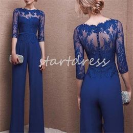 Graceful Blue Jumpsuit Prom Dress With Lace Sleeves O Neck Sheath Chiffon Elegant Evening Dress 2024 Outfit Formal Occasion Special Party Wear Robe De Soriee Chic