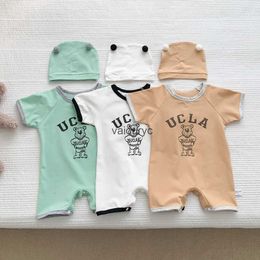 Rompers Pullover 2023 Summer New Baby Short Sleeve Romper + Hat Infant Boy Cute Cartoon Print Tiger Jumpsuit Girl Thin Cotton Clothes H240508