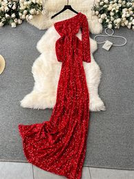 Casual Dresses SINGREINY Fashion Sequin Sparkling Evening Dress 2024 High Quality Slash Neck Slim Tail Design France Autumn Shiny Long