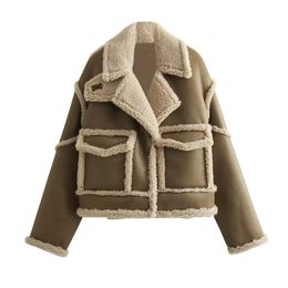 UNIZERA Winter Product Women's Fashion and Casual Versatile Polo Collar Lamb Wool Spliced Fleece Double sided Jacket Co 240117