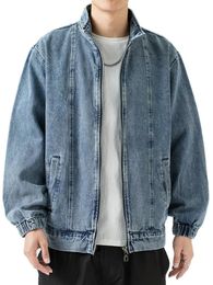 Stand Collar Denim Jacket Men Casual Autumn Zip Clre Coat Loose Baggy Blue Retro Man Fashion Clothing 240117