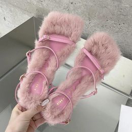 Sandals Arrival Brand Plush Fur Fuzzy Women Thin Heels Fashion Square Toe Ankle Lace Up Buckle Strap Slides Shoes Sandales