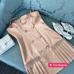 Designer Basic & Casual Dresses Shenzhen Nanyou high end Miu home spring and summer Satin Rhinestone decorative button pleated suspender dress women IMZT