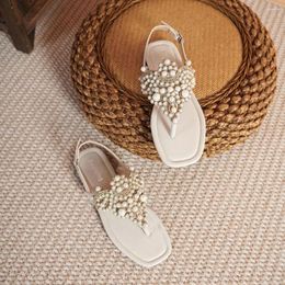 Sandals Pearl Flat Women's Water Diamond Square Head Open Toe Clamping Shoes Luxury Women Designers