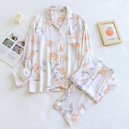 Women's Sleepwear Fashion Flower Satin-like Cotton Fabric Pyjamas Sets Women Summer Silky Long-sleeve High Quality Pyjamas Plus Size