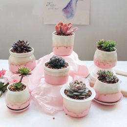 10PC Pink Flowing Glass Ceramic Flower Pot Cute Hand-painted Multicolor Flower Pot Mini Plant Container Plants Perforated Home Garden Decoration 240118