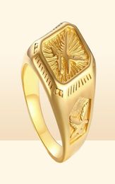 fashion Mens Eagle Ring Gold Tone Stainless Steel Square Top with Rays Signet Ring Heavy Animal Band243K1661458