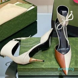 Dress sandals Women High Heels Leather girls shoes Two Color Splice Lace up Sandals Casual Pointed Ankle Strap Luxury