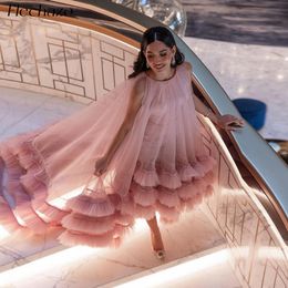 Pink Sheath Prom Dresses With Cape Jewel Neck Tea Length Formal Evening Party Dress 2 Pieces Short Vestidos De Noche 326 326