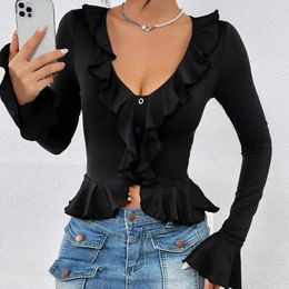 Women's T Shirts Long Sleeve Crop Tops Ruffle Hem Deep V Neck Fitted Cropped T-shirt