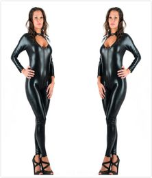 5XL Plus Size Sexy Novelty Women Black Faux Leather Latex Catsuit Zipper Front Jumpsuit Fancy Dress Fetish Erotic body suit PU9315089