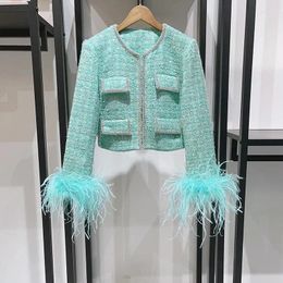 Women's Jackets 2024 Early Spring Women Sequin Feather Sleeve Diamond Hem Jacket / Ruffled Skirt