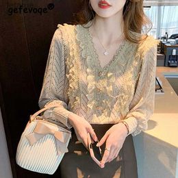 Women's Blouses Shirts Autumn Winter Women Vintage Ruffle Sexy Hollow Lace Beaded Chic Blouses V Neck Long Sleeve Elegant Shirts Solid Plush Thick Tops YQ240118