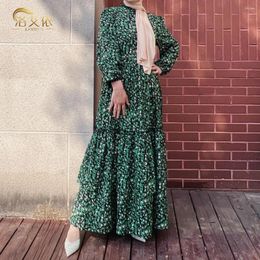 Casual Dresses Summer Print Pleated Layer Frill Long Dress Chiffon Full Sleeves Muslim Women Abaya Hijabi Modest Robe Ramadan Eid Islam