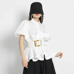 Women's Blouses Women Blouse Golden Waist Belt Buckle With Wave Fold Design Off-Shoulder Sleeved