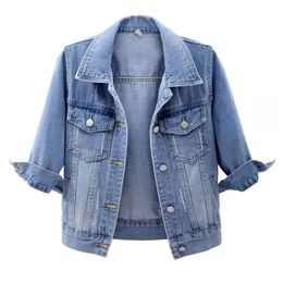 Spring Summer Half Sleeve Women Collared Distressed Coat Ladies Washed Cropped Denim Jacket Girl Ripped Jean Cardigan Shawl 240117