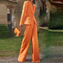 Women's Two Piece Pants 2024 Design Blazer Orange Metal Ring Decoration Pantsuit 2-Pcs Sets Lapel Single Button Female Outfits Straight Pant