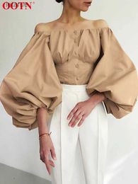 Women's Blouses Shirts OOTN Sexy Slim Off Shoulder Women Shirt Blouses Lantern Sleeve Tunic Female Pleated Ladies Top Shirt Elegant White Blouse Button YQ240118