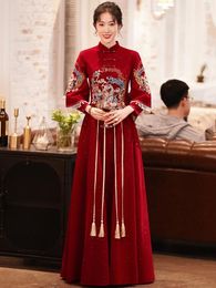 Ethnic Clothing Wine Red Qipao Girl Bride Traditional Chinese Wedding Evening Long Dress Velvet Embroidery Cheongsam Party Dresses China