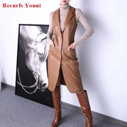 Parkas Jackets For Women 2023 New French Style Female Sleeveless Wrap Dress Long Skirt Vest Genuine Leather Caramel Gilet Chaleco Mujer