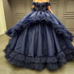 Navy Blue Quinceanera Dress Ball Gown Tiered Tulle Off the Shoulder Luxury Quinceanera Gown Applique Lace Beads Girl's Sweet 16