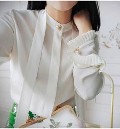 Women's T Shirts 2024 Spring 22mm Silk White Shirt High End Ribbon Ruffle Edge Long Sleeved Top