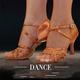 Latin Dance Shoes Woman Adult Soft Bottom Awl High Heel Salsa Square Dance Shoes BD Latin Shoes Genuine 2360-B Imported Satin 240117