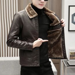 Mens Thick Fleece Pu Leather Jackets Male Casual Fashion Slim Windbreak Coats Men Faux Fur Plush Leather Coat Winter Velvet Warm 240117