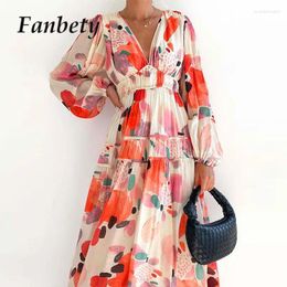 Casual Dresses 2024 Elegant V-Neck Long Dress Women Spring Bohemian Floral Maxi Fashion Pleated High Waist A-Line Print