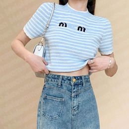 Mulheres Fashion Designer Knits T shirt azul listrado camisetas Crop tops