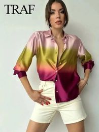 TRAF Tie Dye Shirt For Women Casual Button Lapel Print Satin Long Sleeve Shirts Streetwear Female Chic Tops Slim Blouse 240117
