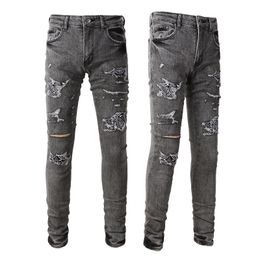 Men Slim Fit Gray Jeans Bandana Patches Distressed Wash