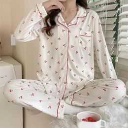 Women's Sleepwear Long-sleeve Home Wear Cozy Cartoon Print Winter Pajama Set With Single-breasted V Neck Elastic Waist Soft Long Sleeve
