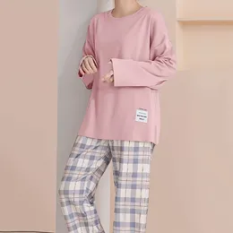 Women's Sleepwear Casual Solid Tops Plaid Pants Women Two Piece Pyjamas Sets Nightwear Ladies Pijama Suit Luxury Pyjamas Set Spring Fall