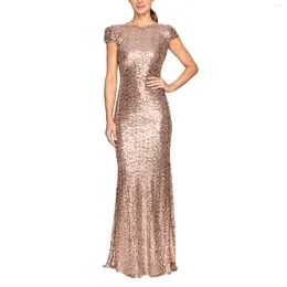 Casual Dresses Sequined Long U Shaped Backless Prom Gowns Women Elegant Sexy Hip Hugging Rose Gold Maxi Dress Sleeve Party Evening