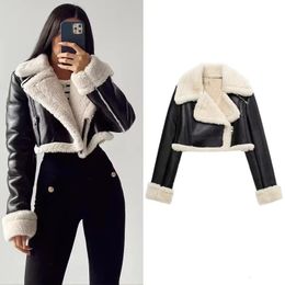 TRAF Women's Cropped Leather Jacket Coat Black Wool Blends Coats Bomber Tweed Jacket Autumn Winter Leather and Fur Crop Jacket 240117