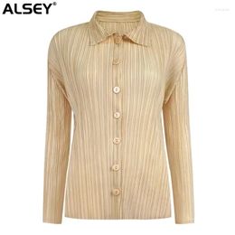 Casual Dresses ALSEY Miyake Pleated Shirt Women's Basic Long Sleeved Jacket Autumn Minimalist Korean Fashion Versatile Top