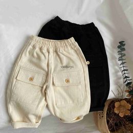 Trousers 2024 Spring New ldren Vintage Big Pocket Cargo Pants Baby Loose Kids Boys Casual 1-6year Toddler Clothes H240508